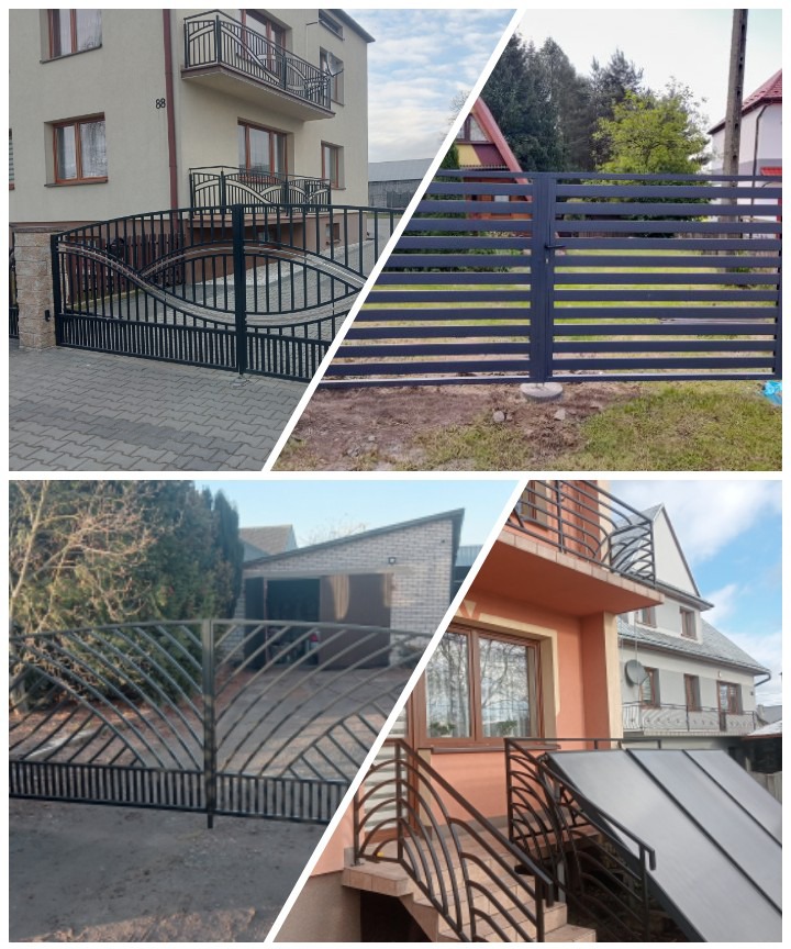 Kompozycja czterech ujęć: brama posesji z elementami dekoracyjnymi i balkonem, poziome ogrodzenie panelowe, brama z motywem wachlarza oraz poręcze schodowe z łukowatymi zdobieniami.