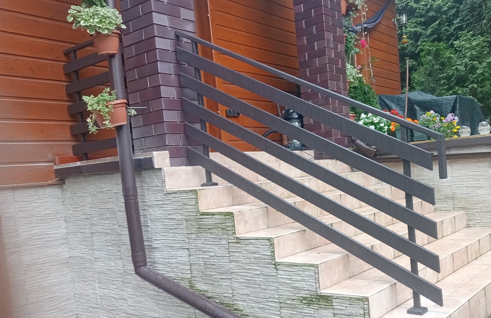 Zewnętrzne schody wyłożone płytkami z metalową balustradą w kolorze grafitowym. Na schodach miejscami widoczny zielony nalot. Dekoracyjne donice z kwiatami.