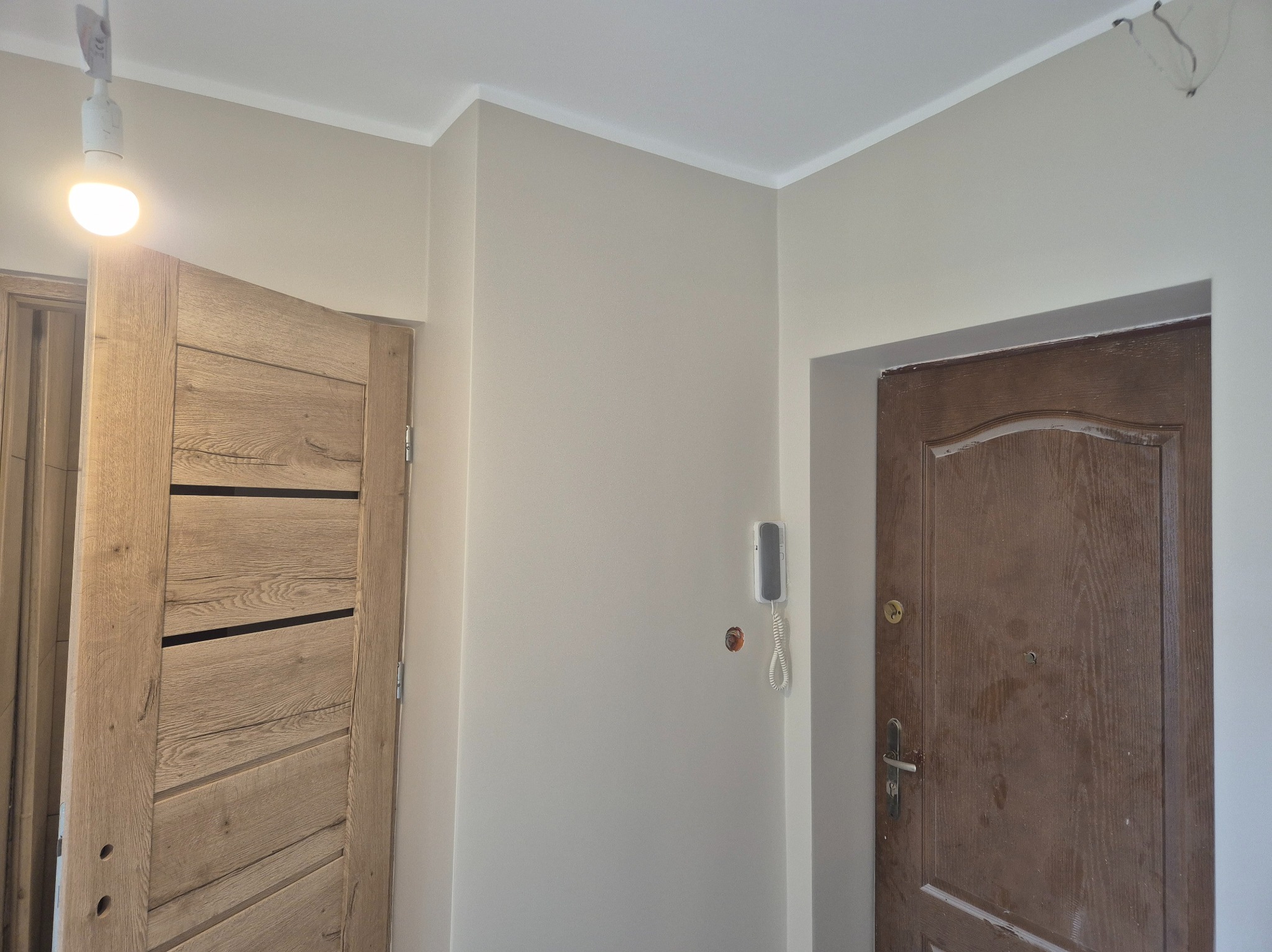 Wykończone wnętrze: świeżo pomalowane ściany w odcieniach beżu, kontrastujące z dwiema drewnianymi, nowoczesnymi drzwiami. Widoczny domofon i prowizoryczne oświetlenie.