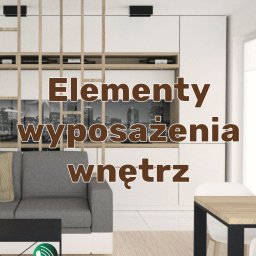 Gardea - Wizualizacja wnętrza: szara sofa z beżową poduszką, czarno-biały geometryczny dywan, stół z czarnymi nogami i jasnym blatem, białe szafki kuchenne z drewnianymi akcentami, drewniana ażurowa ścianka...