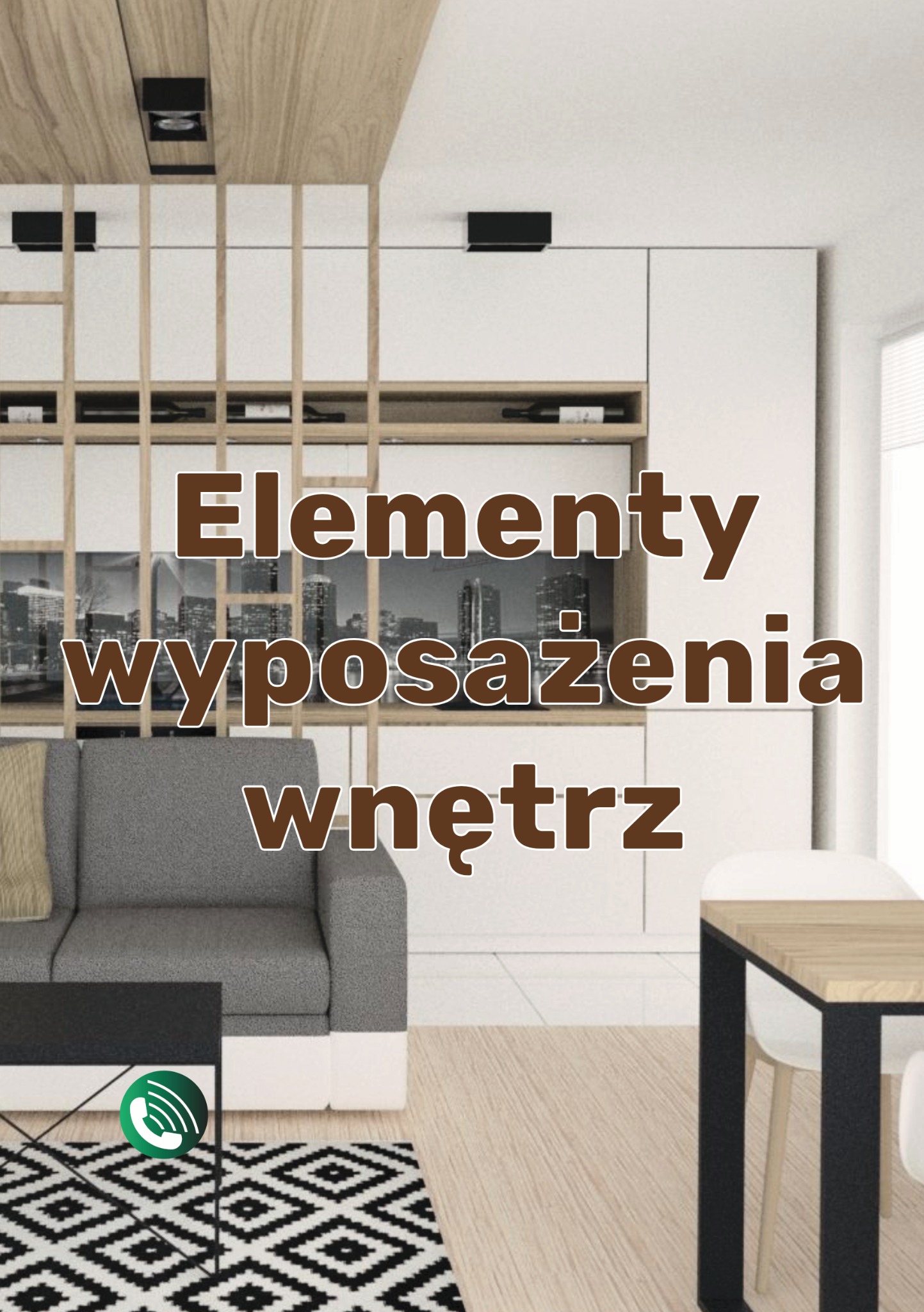 Wizualizacja wnętrza: szara sofa z beżową poduszką, czarno-biały geometryczny dywan, stół z czarnymi nogami i jasnym blatem, białe szafki kuchenne z drewnianymi akcentami, drewniana ażurowa ścianka...