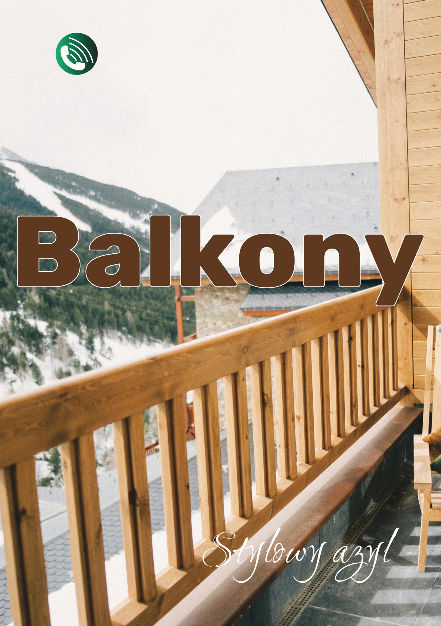 Balkon z drewnianą balustradą i widokiem na ośnieżone góry, z elementami drewnianej konstrukcji budynku i krzesłem w rogu.