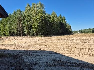 Przygotowany, wyrównany teren pod budowę, widoczne świeżo usunięte drzewa, w tle las i błękitne niebo.