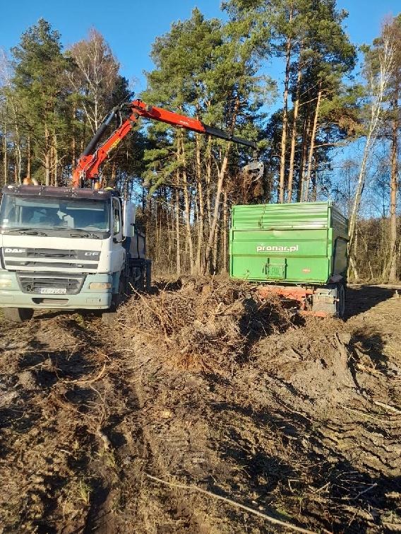 Ciężarówka z żurawiem załadowuje gałęzie i korzenie do zielonej przyczepy na polu, w tle drzewa.