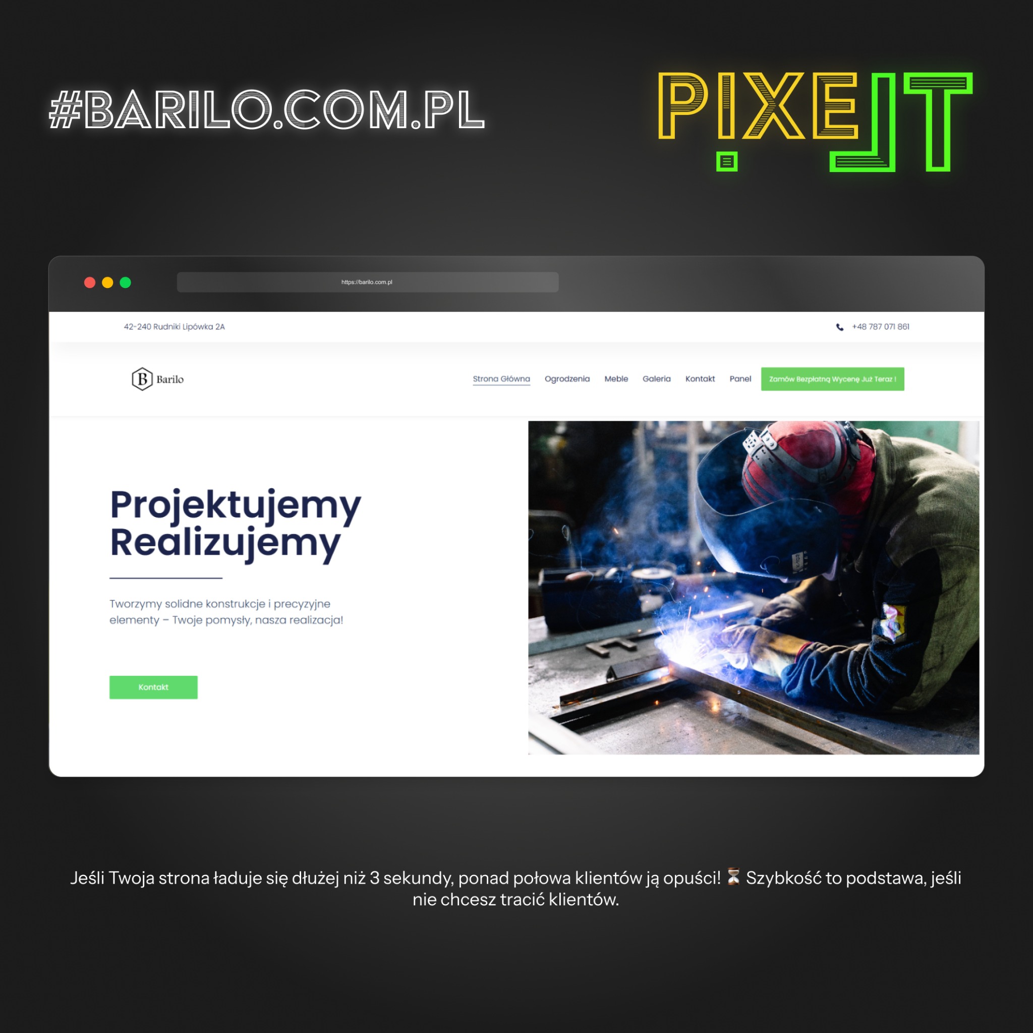 Strona internetowa firmy Barilo.com.pl prezentująca spawalnicze realizacje, z hasłem 'Projektujemy Realizujemy' i zdjęciem spawacza w trakcie pracy.