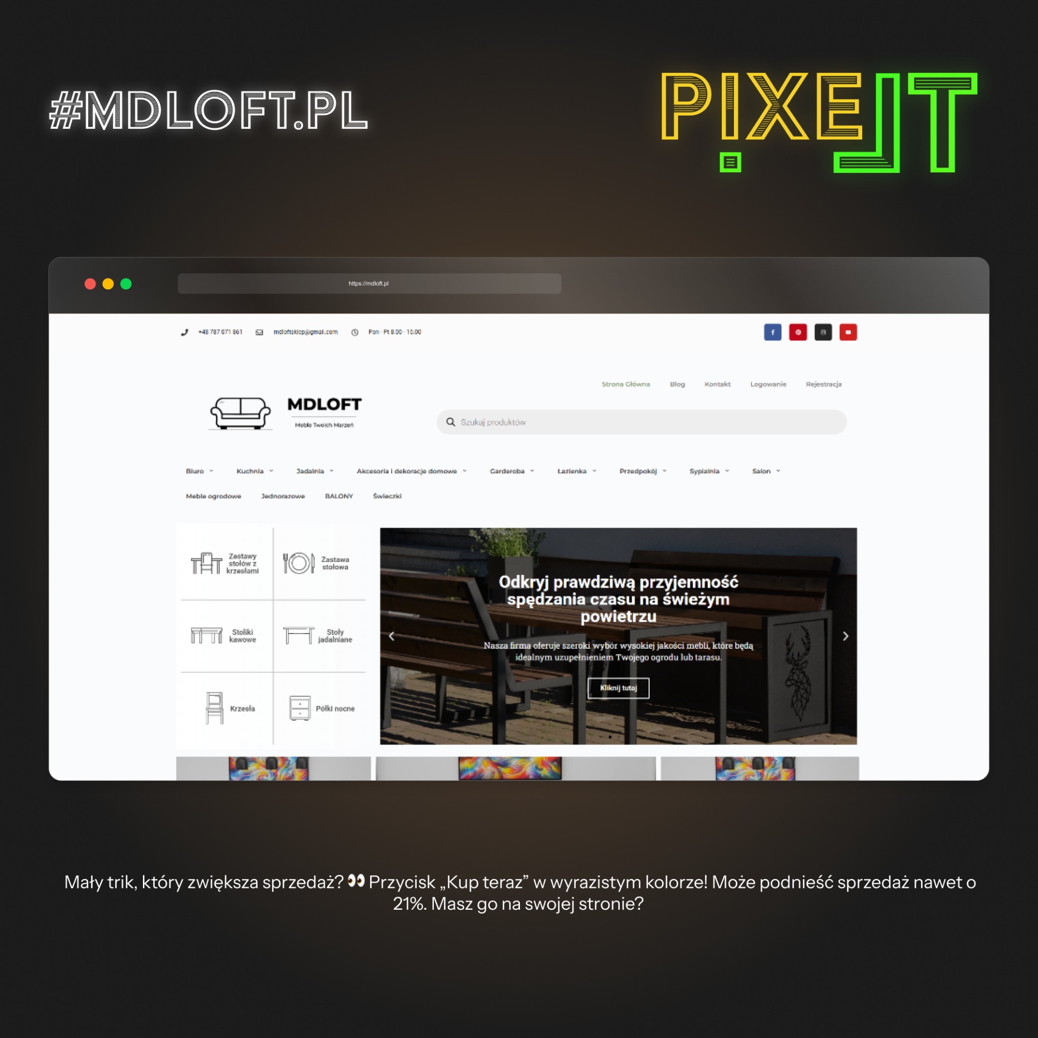 Prezentacja strony internetowej sklepu meblowego MDLOFT.PL na ekranie komputera, z widocznym logiem PIXEIT w prawym górnym rogu.