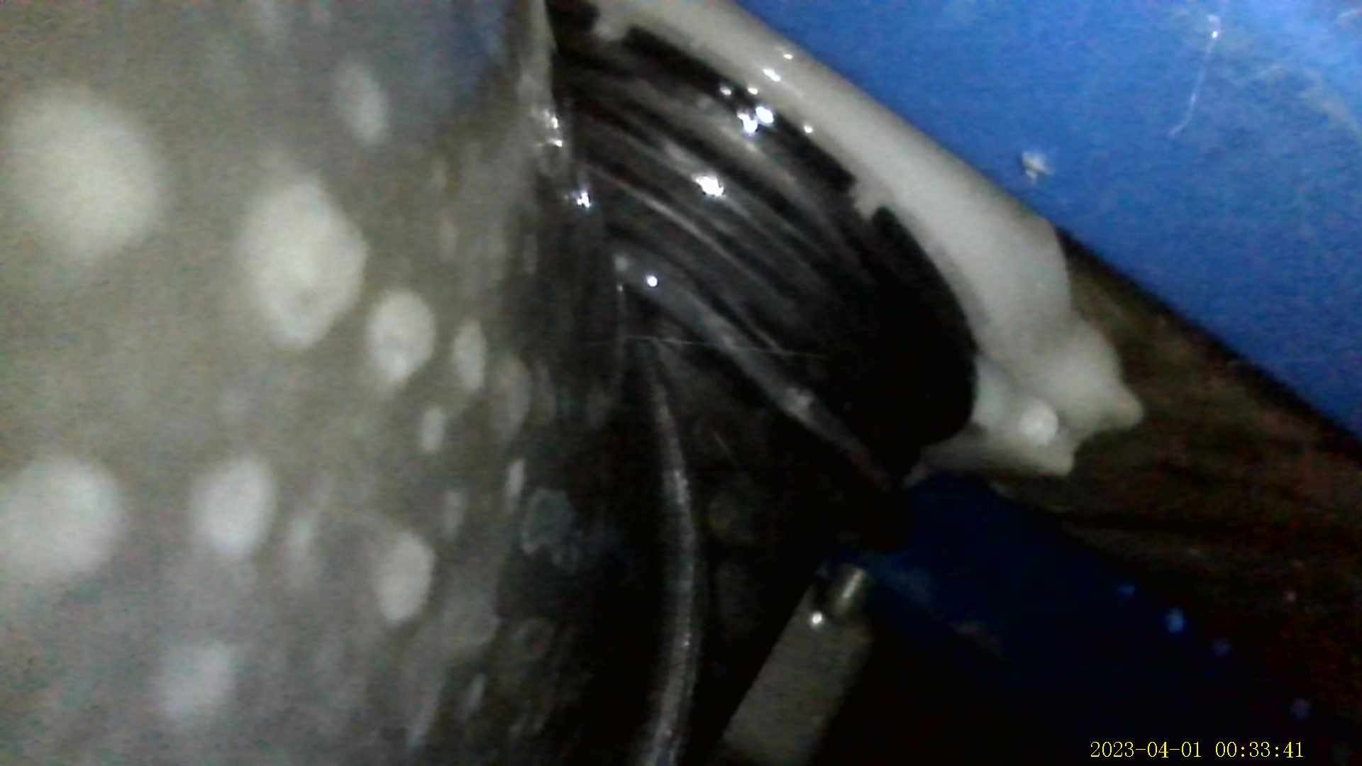 Zalana instalacja elektryczna w niebieskim pojemniku, widoczne kable i woda. Niejasne oświetlenie i słaba jakość obrazu.