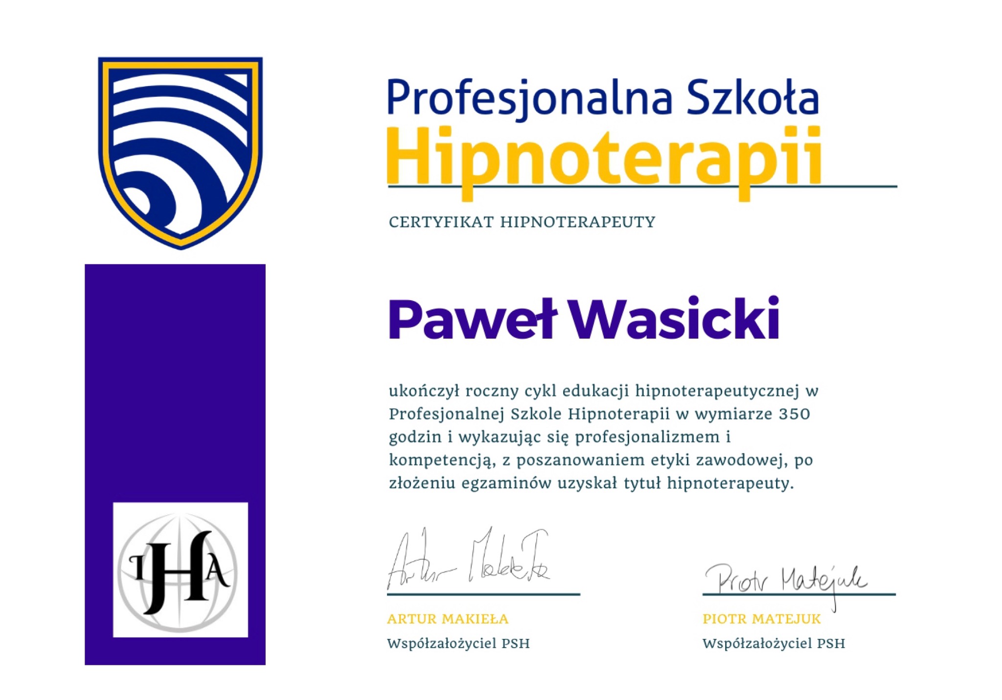 Certyfikat Hipnoterapeuty I stopień