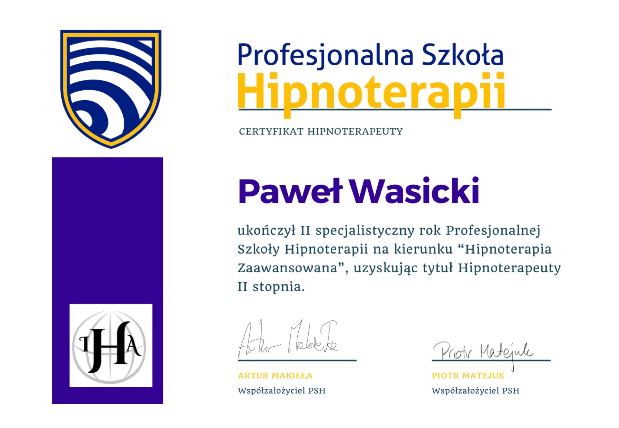 Certyfikat Hipnoterapeuty II stopień