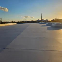 Szary dach płaski pokryty membraną hydroizolacyjną z świetlikami kopułowymi, widok z góry, w tle zabudowania miejskie i zachodzące słońce.