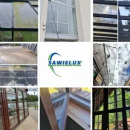 Kompozycja zdjęć okien przed i po umyciu, prezentująca różnorodność powierzchni i efekt czyszczenia. Widoczne okna szklarni, witryny sklepowe i okna domowe.