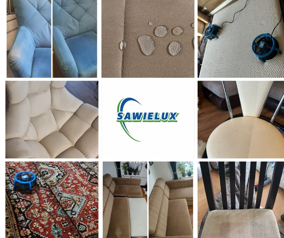 Kolaż zdjęć prezentujących efekty prania tapicerki meblowej: krzesła, sofy, dywany, z widocznymi plamami przed i po czyszczeniu oraz kroplami wody na materiale.