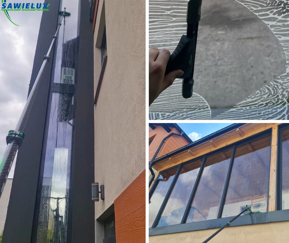 Mycie okien na wysokości z użyciem długiej lancy teleskopowej, widoczne ślady piany na szybie i czyste okna po umyciu. Dolny kadr pokazuje efekt.