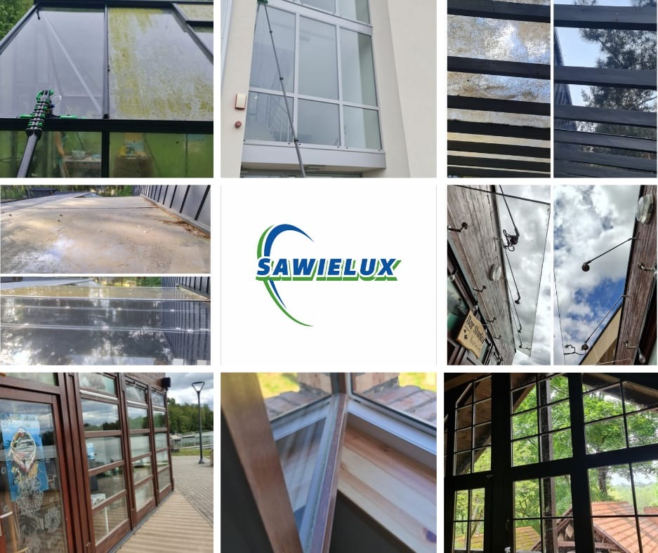 Kompozycja zdjęć okien przed i po umyciu, prezentująca różnorodność powierzchni i efekt czyszczenia. Widoczne okna szklarni, witryny sklepowe i okna domowe.