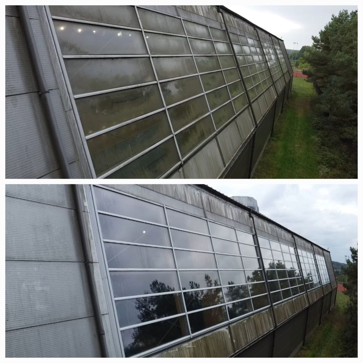 Długi budynek z wieloma oknami, widoczne zabrudzenia na szybach i elewacji. Ujęcie z dołu, z boku budynku. W tle zieleń i drzewa.