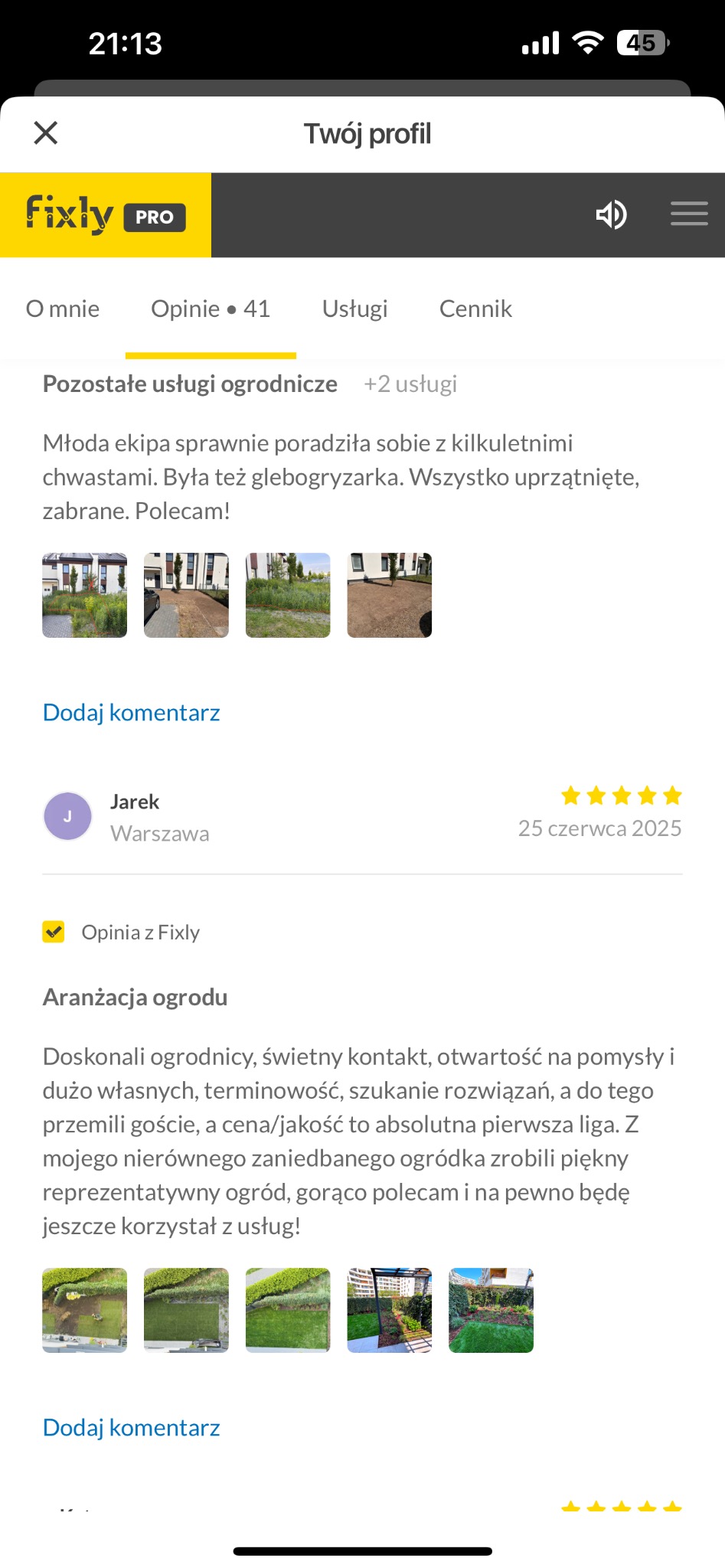 Zrzut ekranu opinii klienta o usłudze ogrodniczej z galerii zdjęć ogrodu przed i po zabiegach pielęgnacyjnych. Widok z aplikacji Fixly Pro.