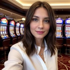 Portret kobiety w białej koszuli na tle automatów do gier w kasynie, z delikatnym uśmiechem i skupionym spojrzeniem.