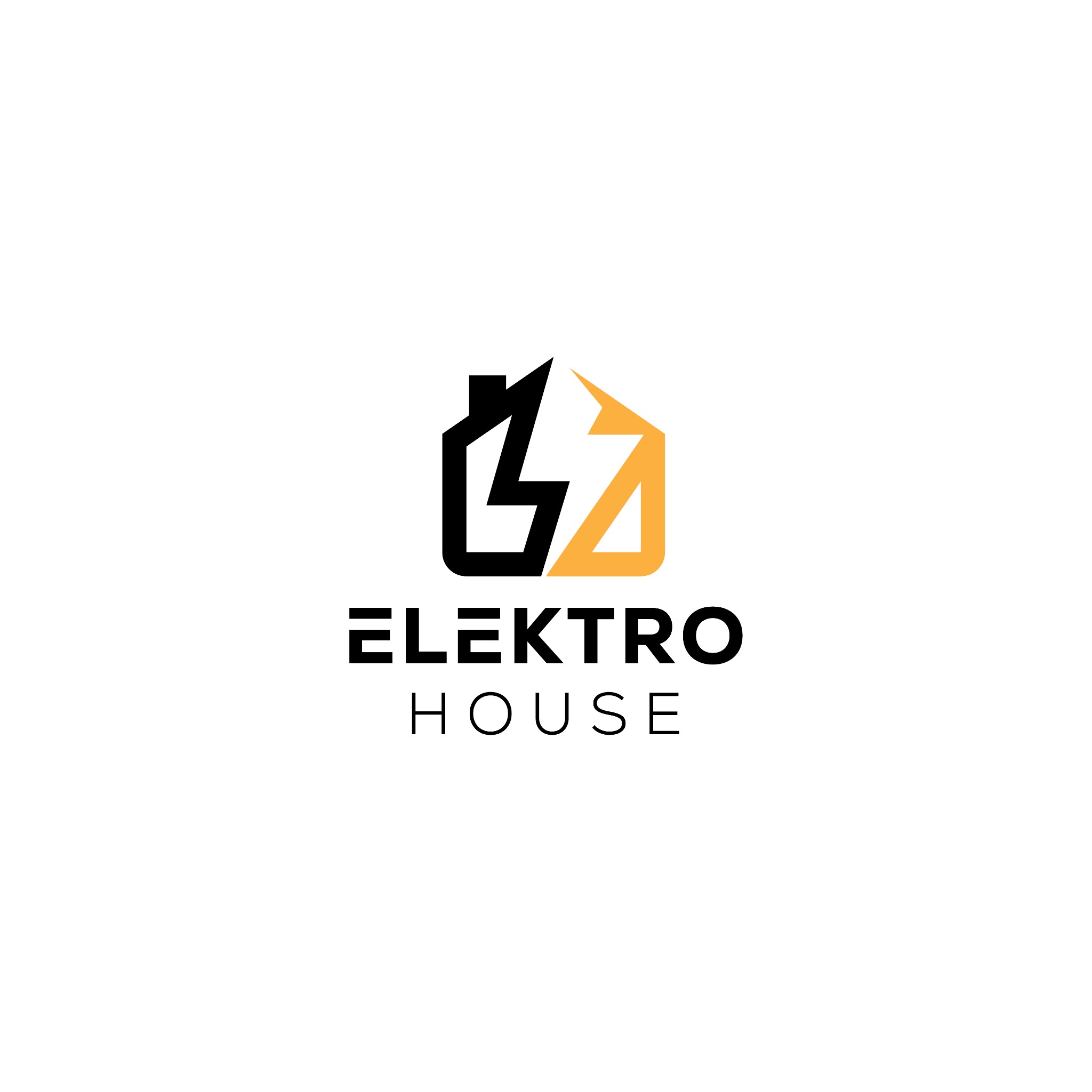 Logo firmy Elektro House: stylizowany dom z błyskawicą w kolorach czarnym i pomarańczowym, nazwa firmy pod spodem, minimalistyczny design na białym tle.