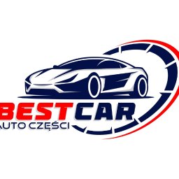 Drukarnia Papeteria Wuala - Graficzne logo firmy motoryzacyjnej 'BEST CAR Auto Części' z stylizowanym białym samochodem i elementami tarczy prędkościomierza w kolorach czerwonym i granatowym.