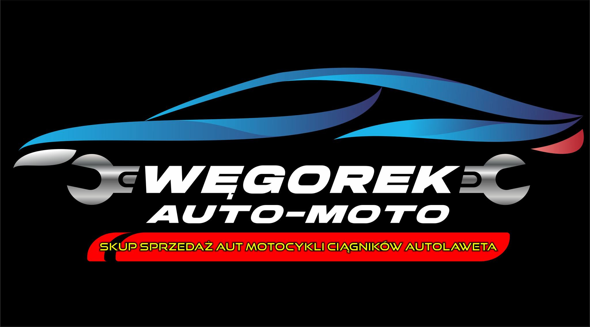 Logo firmy auto-moto z sylwetką samochodu stylizowaną na klucz francuski w odcieniach niebieskiego, szarości i czerwieni na czarnym tle.