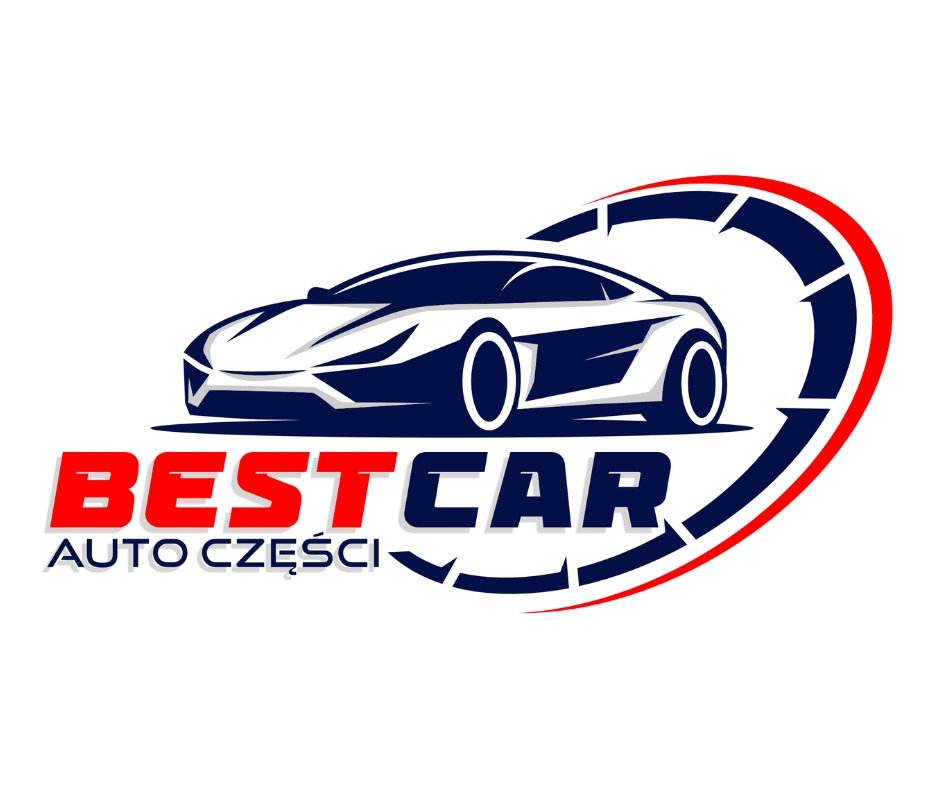 Graficzne logo firmy motoryzacyjnej 'BEST CAR Auto Części' z stylizowanym białym samochodem i elementami tarczy prędkościomierza w kolorach czerwonym i granatowym.
