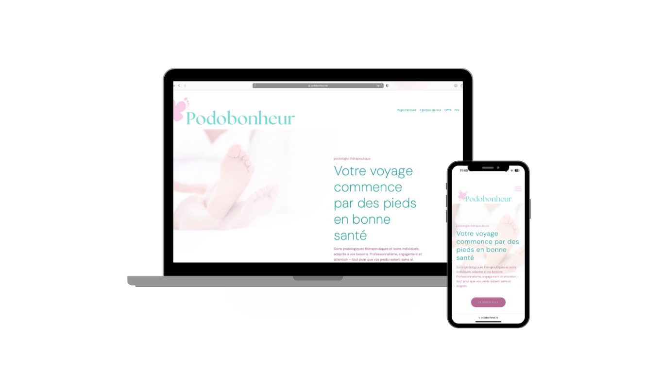 Responsywna strona gabinetu podologicznego 'Podobonheur' widoczna na ekranie laptopa i smartfona. Pastelowa kolorystyka, minimalistyczny design, logo w lewym górnym rogu.