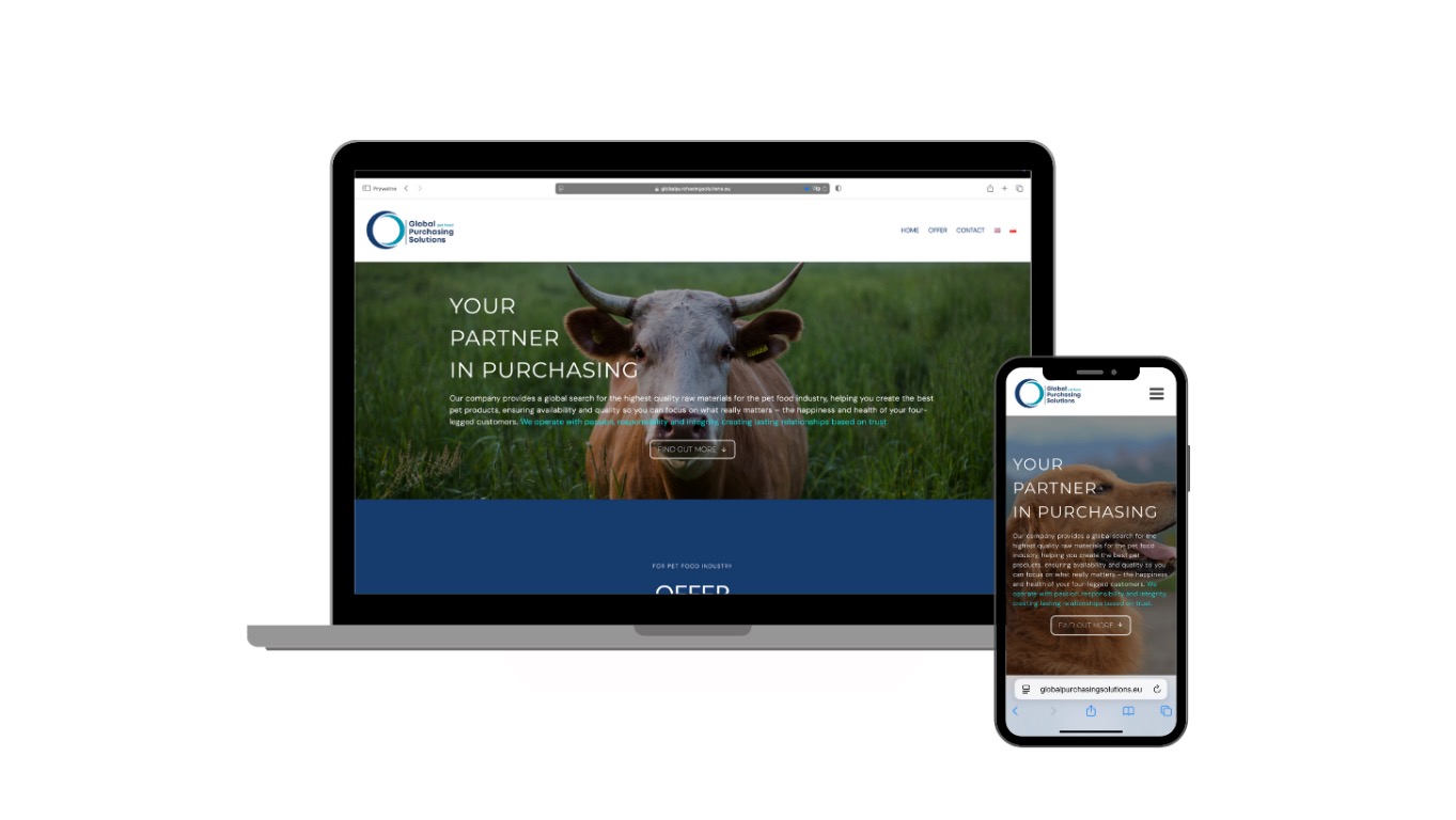 Responsywna strona www na laptopie i telefonie. Widok strony dla branży Pet Food z motywem zwierząt. Prezentacja projektu strony internetowej.