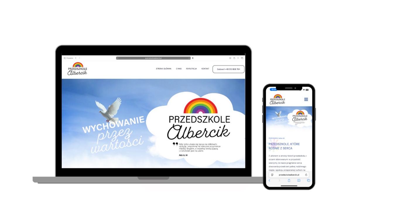 Responsywna strona internetowa Przedszkola Albercik wyświetlona na laptopie i smartfonie. Logo z tęczą i gołębiem, hasło: Wychowanie przez wartości.