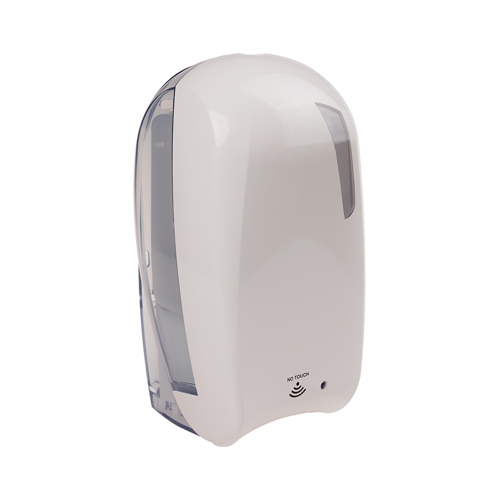 Biały, bezdotykowy dozownik do mydła w płynie z przezroczystym okienkiem bocznym, prezentowany na jednolitym tle.