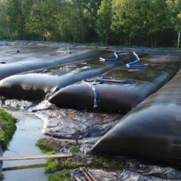 Rząd wypełnionych work&oacute;w geotekstylnych SoilTain DW z niebieskimi wężami na terenie z folią, otoczonych zielenią i drzewami, prawdopodobnie w trakcie procesu odwadniania.