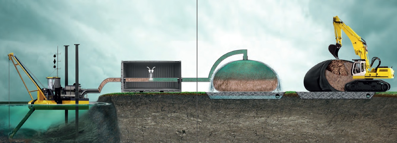 Schematyczny przekrój instalacji do oczyszczania wody z użyciem koparki, kontenera i zbiornika, prezentujący proces filtracji i recyrkulacji wody.