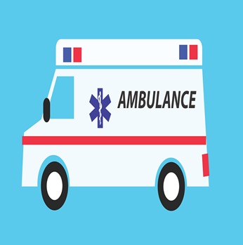 Grafika wektoryzowana: biała karetka pogotowia z czerwonym pasem, niebieskimi światłami i symbolem gwiazdy życia na boku, na jasnoniebieskim tle.