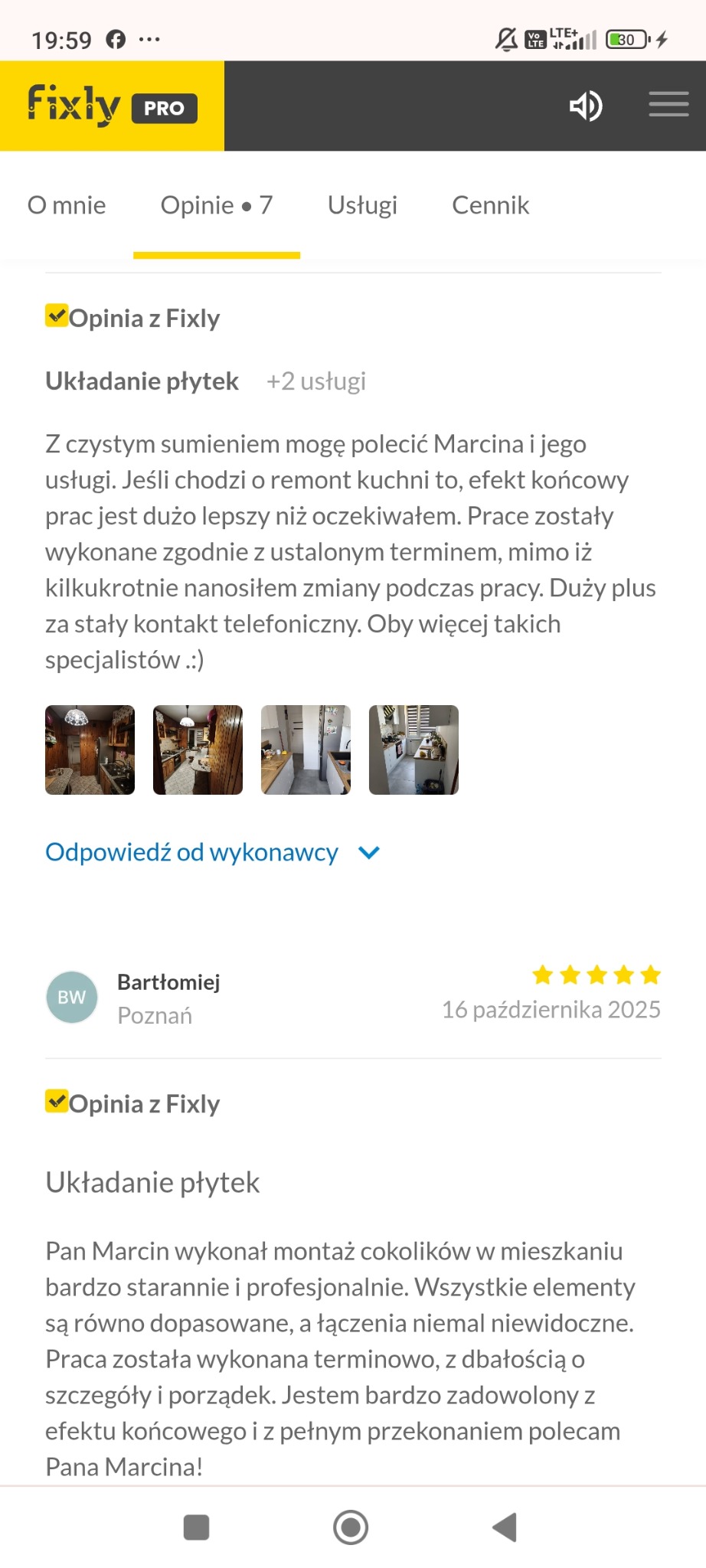 Zrzut ekranu opinii z Fixly o usłudze 'Układanie płytek', zadowolony klient chwali efekt remontu kuchni i montaż cokolików. Widoczne miniatury zdjęć kuchni po remoncie.