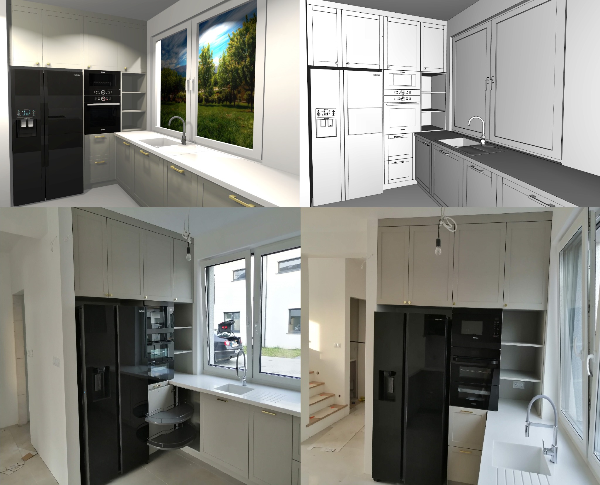 Wizualizacja i zdjęcia z realizacji nowoczesnej kuchni z szarymi szafkami, czarną lodówką i piekarnikiem w zabudowie, widok na zewnątrz przez okno.