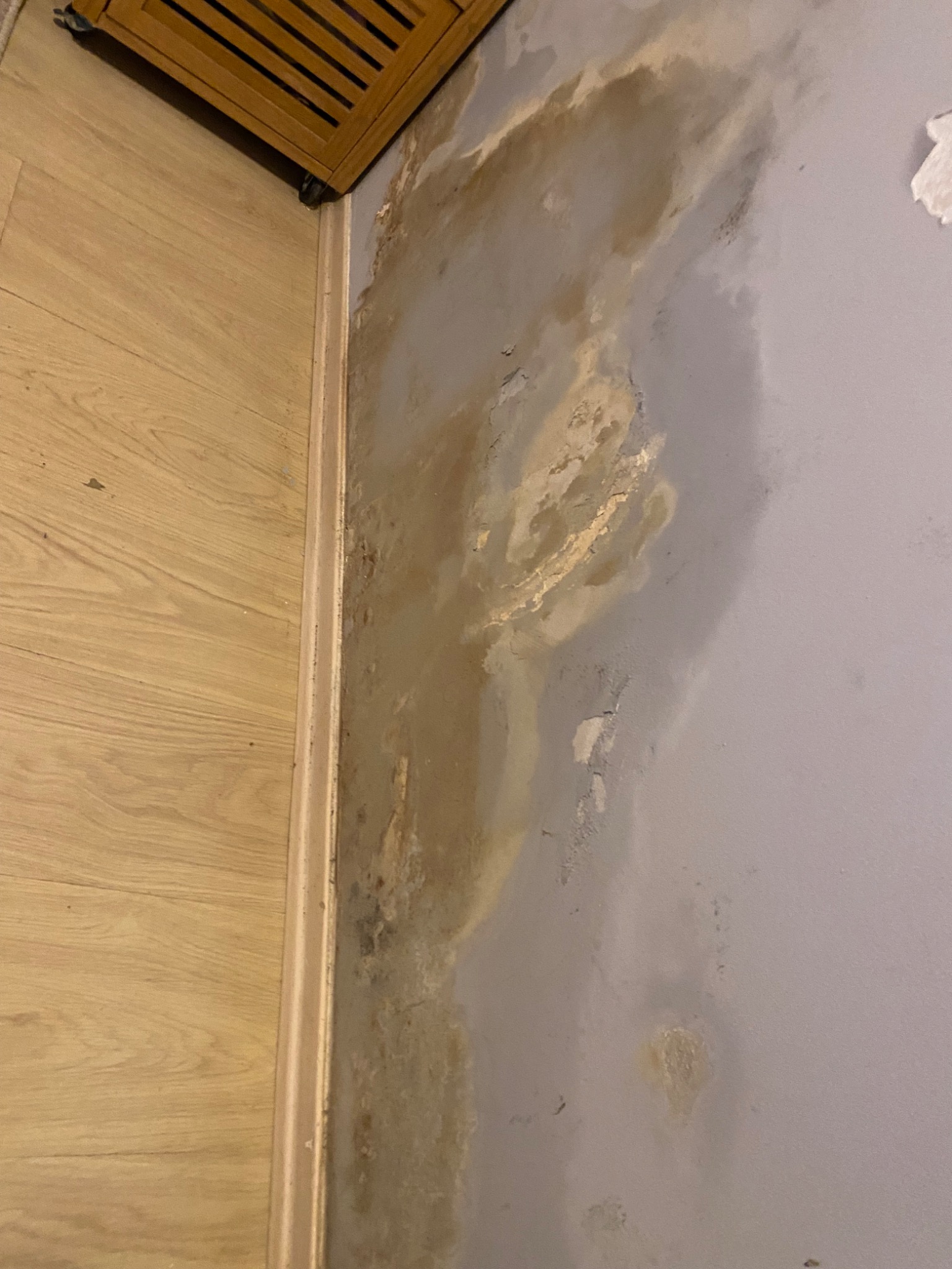 Zacieki na ścianie w rogu pokoju, widoczne ślady wilgoci i odpadająca farba, jasna drewniana podłoga i szafka w tle.