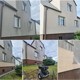 Rayzer Anna Winkowska - Budynek przed i po czyszczeniu elewacji, widoczne różnice w kolorze i usunięte zabrudzenia, w dolnym prawym rogu fragment czyszczenia pod ciśnieniem.