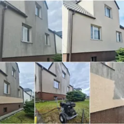 Budynek przed i po czyszczeniu elewacji, widoczne różnice w kolorze i usunięte zabrudzenia, w dolnym prawym rogu fragment czyszczenia pod ciśnieniem.