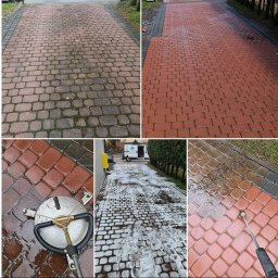 Rayzer Anna Winkowska - Porównanie kostki brukowej przed i po czyszczeniu wysokociśnieniowym; widoczny fragment kostki pokrytej mchem i zabrudzeniami oraz wyczyszczona część; na dole zdjęcia widoczne urządzenie...