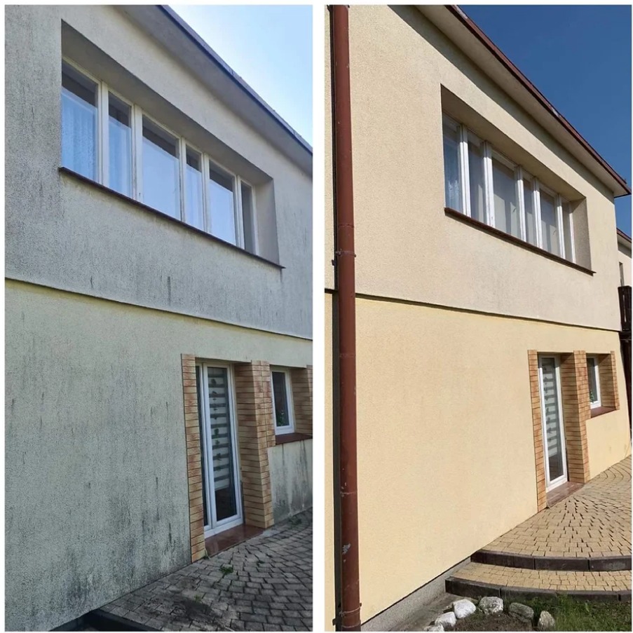 Porównanie elewacji budynku przed i po czyszczeniu, widoczne znaczne usunięcie zabrudzeń i odświeżenie koloru. Po lewej stronie elewacja pokryta ciemnym nalotem, po prawej - jasna, czysta...