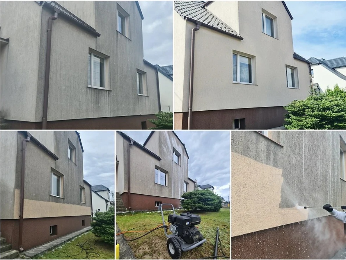 Budynek przed i po czyszczeniu elewacji, widoczne różnice w kolorze i usunięte zabrudzenia, w dolnym prawym rogu fragment czyszczenia pod ciśnieniem.