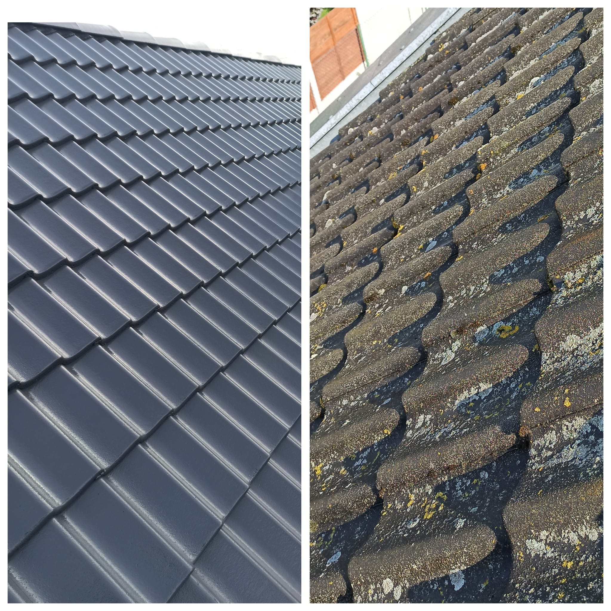 Porównanie dachu: po lewej stronie nowe, ciemnoszare dachówki, po prawej stronie stare, zabrudzone dachówki z widocznym mchem i porostami.