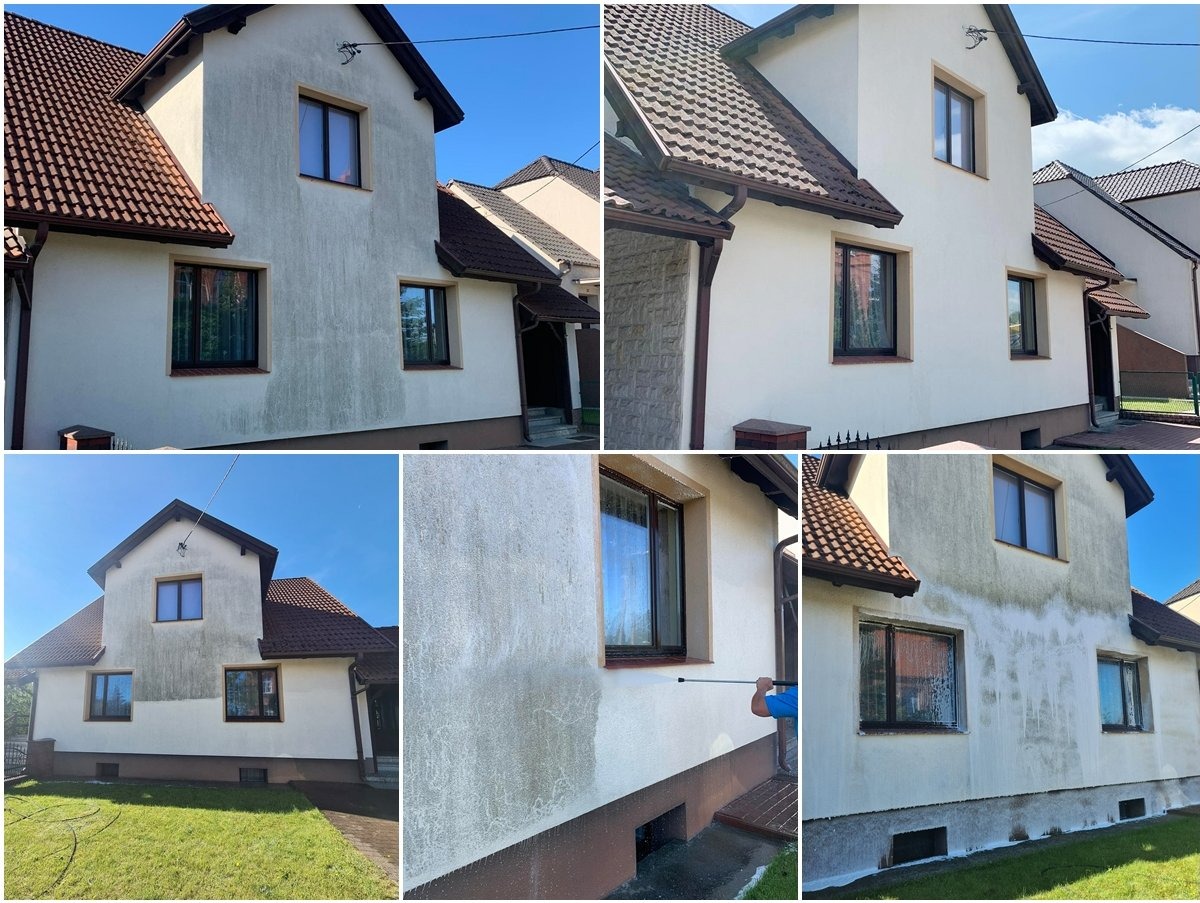 Dom jednorodzinny z fragmentami elewacji przed i po czyszczeniu, widoczne różnice w kolorze i zabrudzeniach, w dolnym prawym rogu osoba z lancą ciśnieniową.