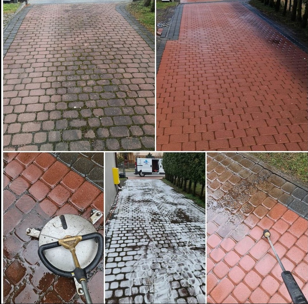Porównanie kostki brukowej przed i po czyszczeniu wysokociśnieniowym; widoczny fragment kostki pokrytej mchem i zabrudzeniami oraz wyczyszczona część; na dole zdjęcia widoczne urządzenie...