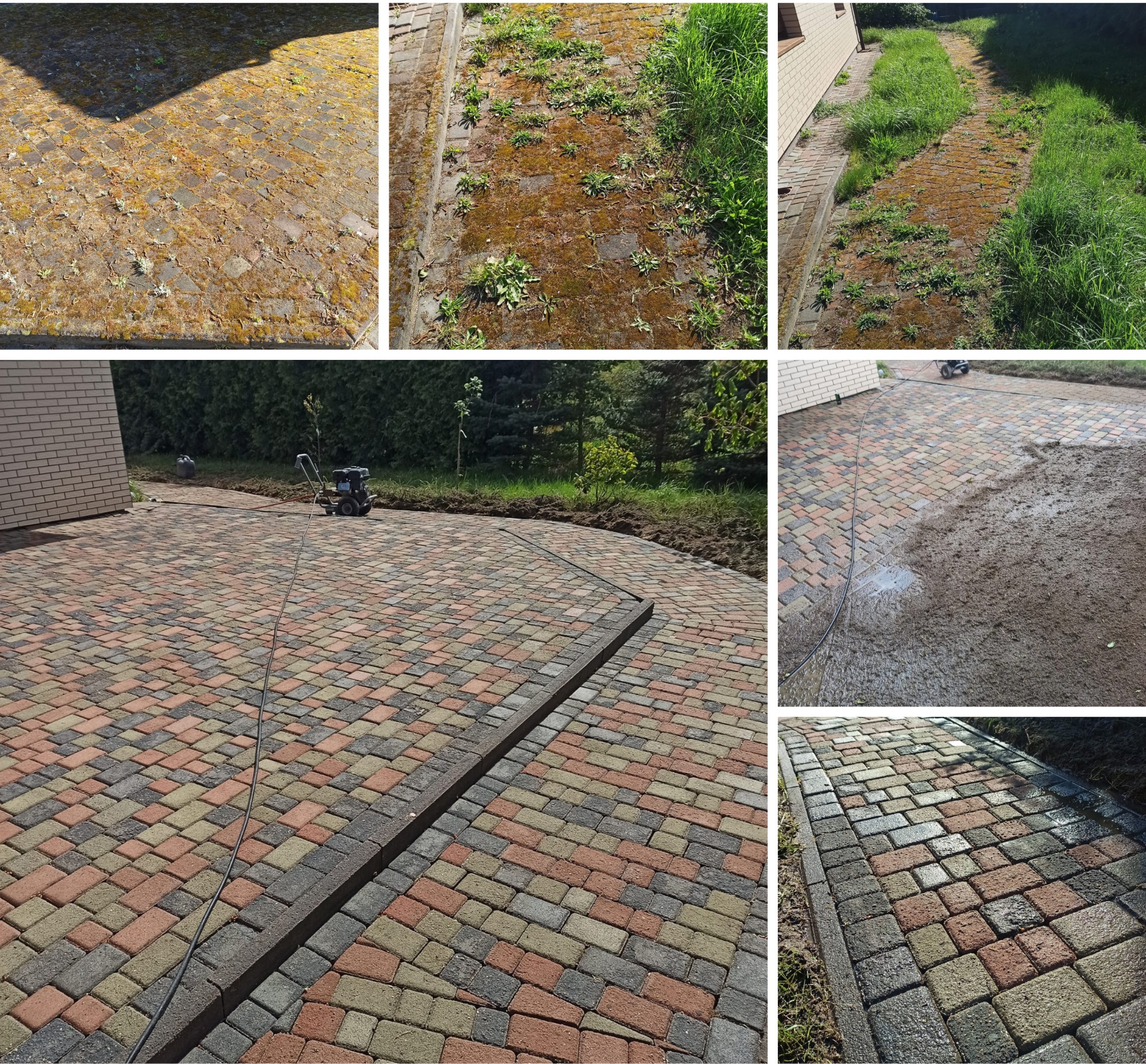 Porównanie stanu kostki brukowej przed i po czyszczeniu: fragmenty z mchem i chwastami oraz wyczyszczona wielobarwna kostka z maszyną czyszczącą w tle.