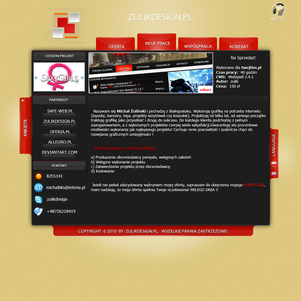 Strona internetowa firmy Zulikdesign.pl z ofertą projektowania grafiki internetowej, w tym layoutów, bannerów i wizytówek, z widocznymi aktualnościami i portfolio.