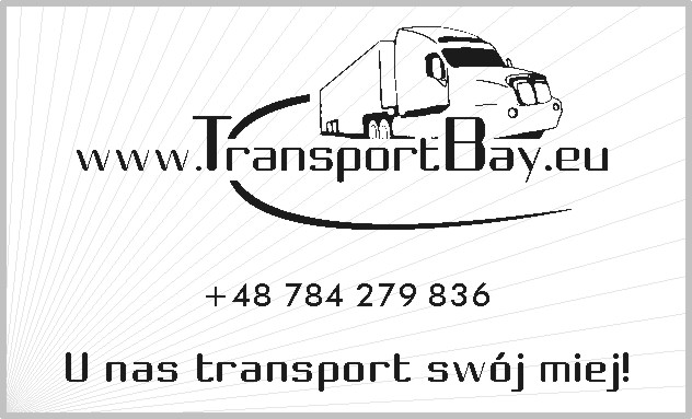 Grafika wektorowa przedstawiająca ciężarówkę z naczepą nad adresem strony internetowej www.TransportBay.eu, numerem telefonu +48 784 279 836 i hasłem 'U nas transport swój miej!'