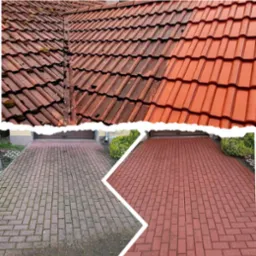 Porównanie stanu dachu z dachówki ceramicznej i kostki brukowej przed i po czyszczeniu, widoczne różnice w kolorze i usunięciu zabrudzeń, zarys garażu w tle.