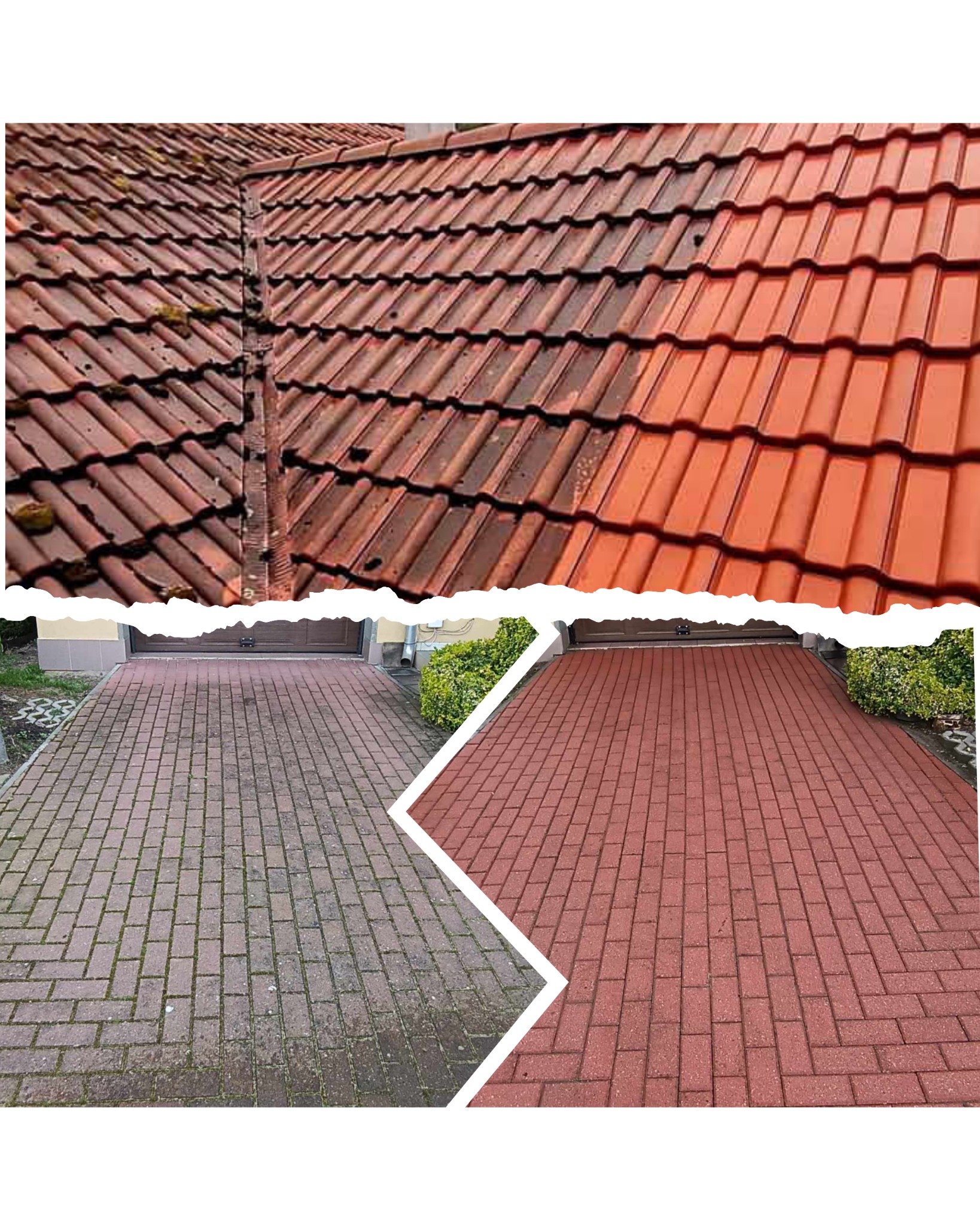 Porównanie stanu dachu z dachówki ceramicznej i kostki brukowej przed i po czyszczeniu, widoczne różnice w kolorze i usunięciu zabrudzeń, zarys garażu w tle.