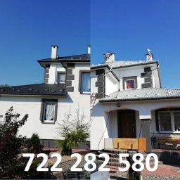 TWINSBRO SPÓŁKA Z OGRANICZONĄ ODPOWIEDZIALNOŚCIĄ - Dom po renowacji z nową, białą elewacją i ciemnym dachem, ukazany w zestawieniu 'przed i po' na tle błękitnego nieba.