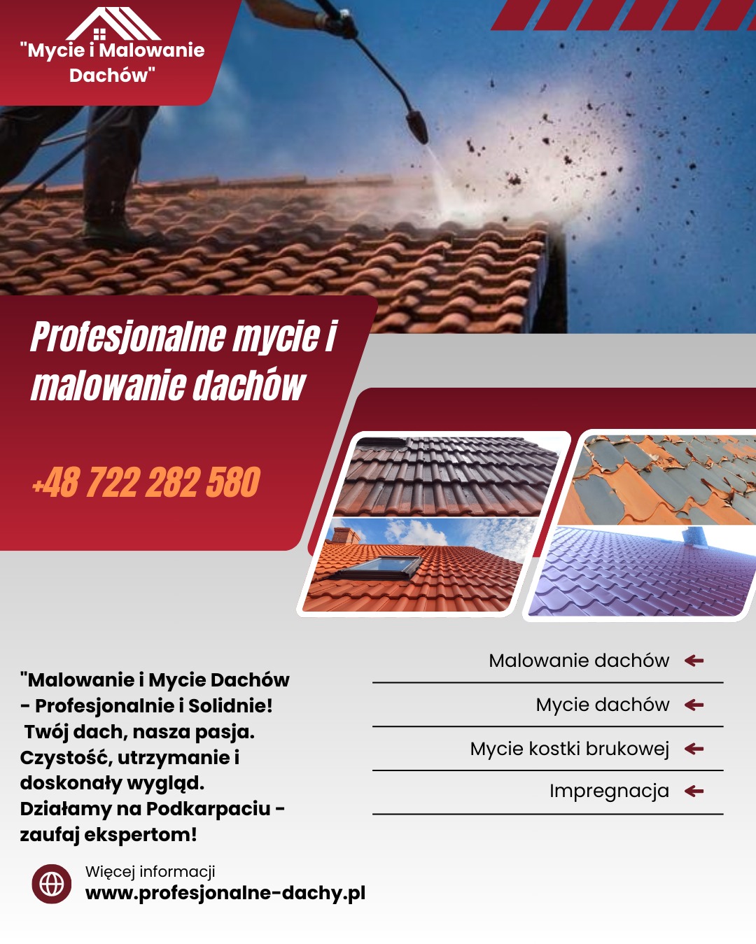 Czyszczenie dachówki ceramicznej myjką ciśnieniową przez pracownika w czarnych butach, z widocznym rozpryskiem wody i zabrudzeń.